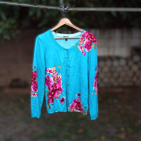 Talbots Aqua with Pink Floral Accents Charming Cardigan L - Picture 1 of 2